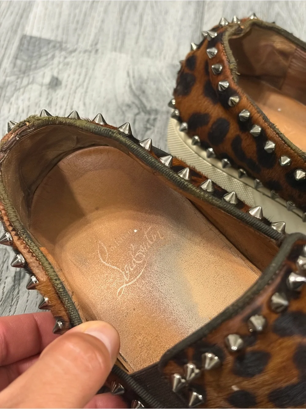 Christian Louboutin Pik Boat Brown Leopard Slip-On Studded Loafers Calf Hair